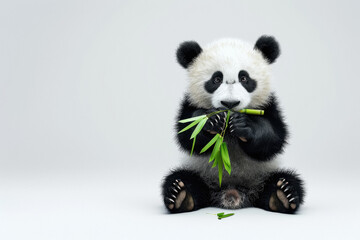 panda eating bamboo on white background