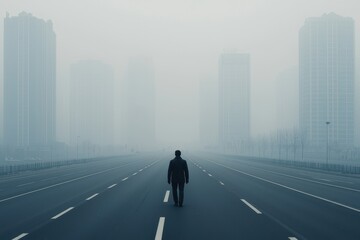 Fototapeta premium A solitary figure walks down a deserted road, surrounded by tall buildings shrouded in thick fog, evoking a sense of isolation and mystery.