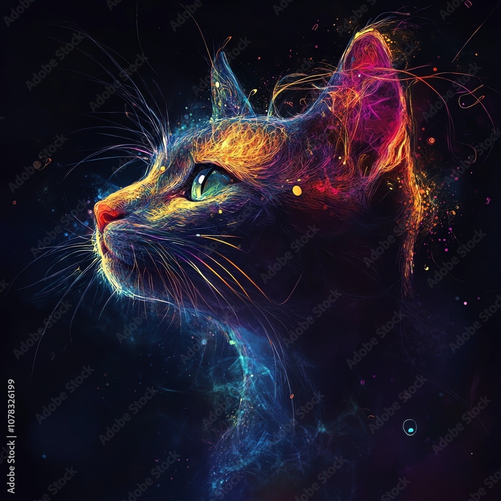 Poster a colorful, abstract depiction of a cat's head with glowing lines and glitter.