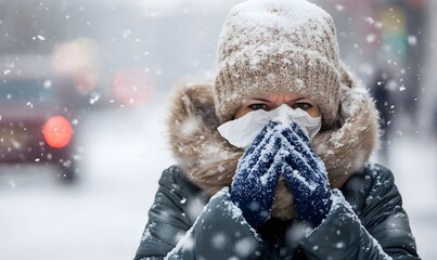 A woman wearing winter clothes covers her face with a tissue as it snows. Generative AI