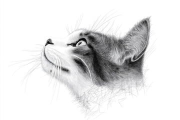 A cat is laying on a white background with its head tilted to the side. The cat's eyes are open and staring at the viewer. The image has a calm and peaceful mood, as the cat appears to be relaxed