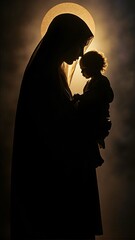 Virgin Mary holding baby Jesus in her arms, vertical orientation.