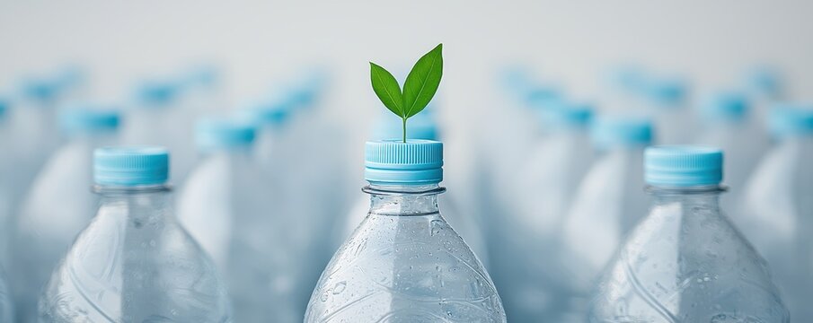 A single green leaf sprouts from the top of a plastic bottle, symbolizing sustainability and nature&rsquo;s resilience amidst pollution.