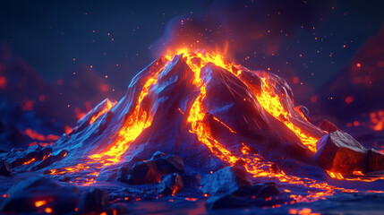 Fototapeta premium Fiery Low-Poly Volcano Peak Glowing With Molten Lava In A Dark Abstract Setting