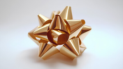 Shiny golden gift bow with textured ribbon loops on a white background