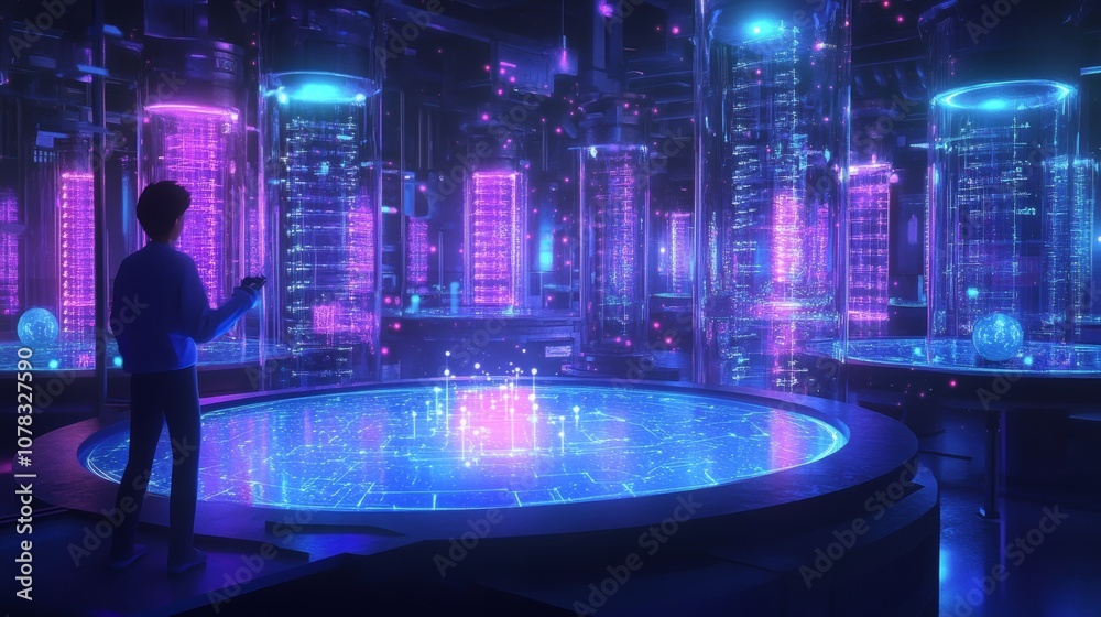Poster engineer is using a futuristic holographic interface to monitor and control a complex network of ser