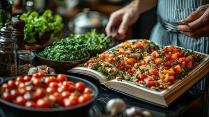 Obraz premium Fresh ingredients and a cookbook for a vibrant meal preparation.