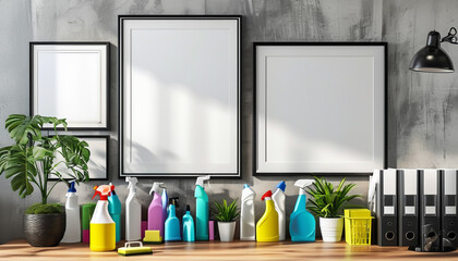 Colorful cleaning supplies and decor arranged beautifully in a modern workspace