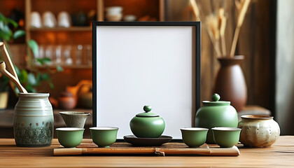 A serene tea ceremony setup showcasing elegant green teapots and cups in a tranquil space