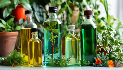 Colorful glass bottles filled with vibrant liquids amidst lush greenery indoors