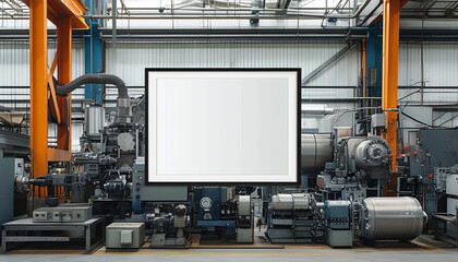 Empty white canvas in a bustling industrial workshop filled with machinery and tools