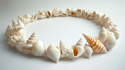 Obraz premium A handmade shell necklace with various shell types, arranged on a neutral background, emphasizing its natural beauty