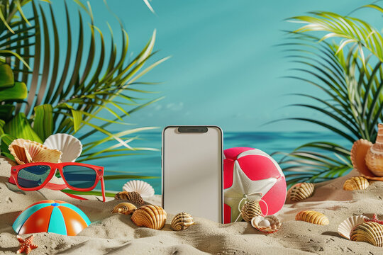 smartphone on beach sand with sunglasses, tropical plant , seashells, inflatable ball and ring - Powered by Adobe