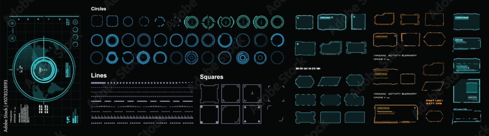 Poster Vector set HUD interface elements. Collection of futuristic HUD elements. Set with radar, frames and windows. Modern set for user interface