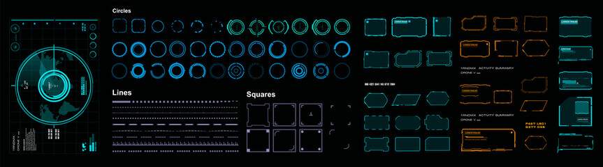 Vector set HUD interface elements. Collection of futuristic HUD elements. Set with radar, frames and windows. Modern set for user interface