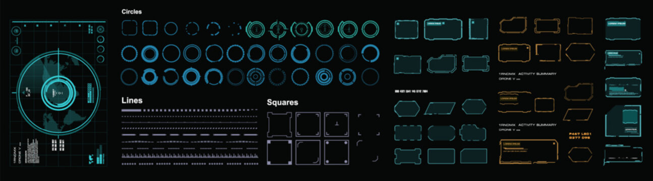 Vector set HUD interface elements. Collection of futuristic HUD elements. Set with radar, frames and windows. Modern set for user interface