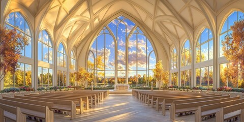 Fototapeta premium A serene chapel interior with large windows showcasing autumn scenery.