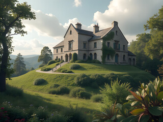 Obraz premium Stately Stone Manor on Lush Knoll, Golden Hour Sunlight, Gabled Roof, Arched Entryway, Ivy-Clad Walls, Manicured Lawn, Rolling Hills, Cloudy Sky, Tranquility, Peace, Nostalgia, Curved Pathway