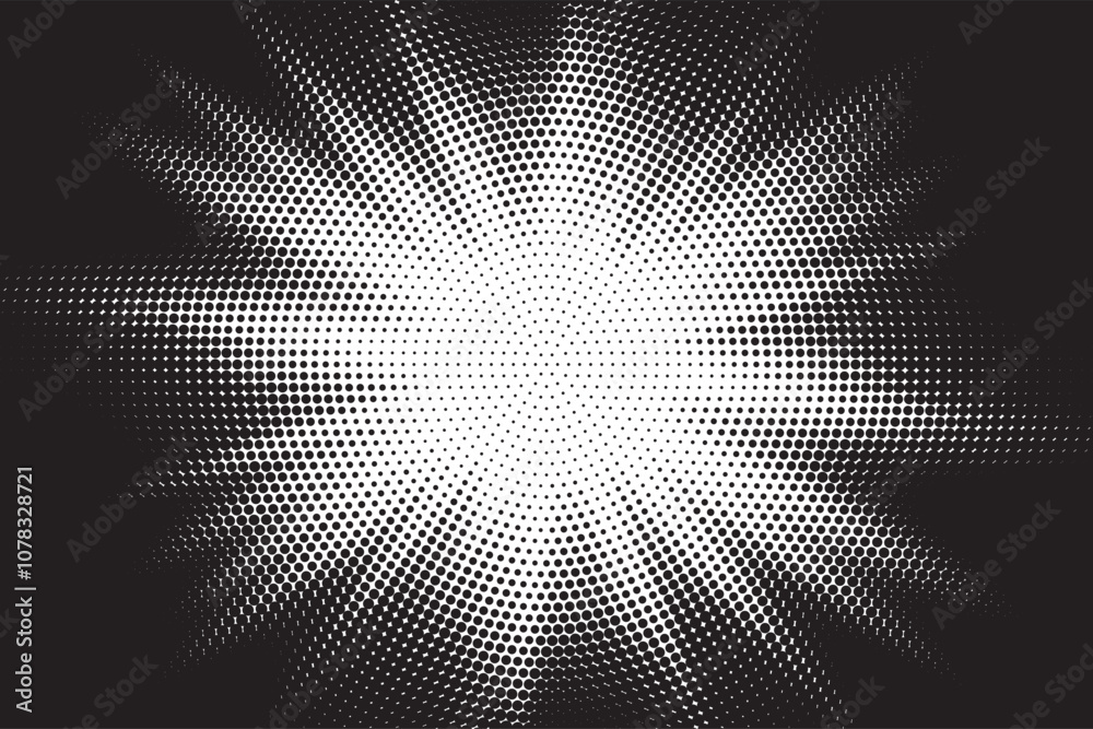 Poster Halftone gradient sun rays pattern. abstract halftone vector dots background. monochrome dots pattern. pop art, comic small dots. star rays halftone poster. shine, explosion. sunrise rays background.