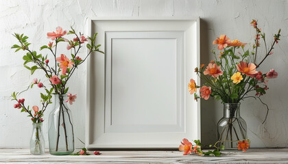 A blank frame adorned with vibrant spring flowers on a rustic wooden table