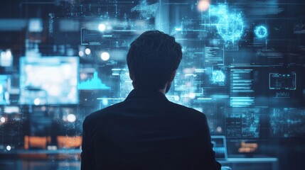 A man is looking at a computer screen with a lot of blue and white graphics