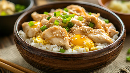 温かみある親子丼と漬物、味噌汁の一膳