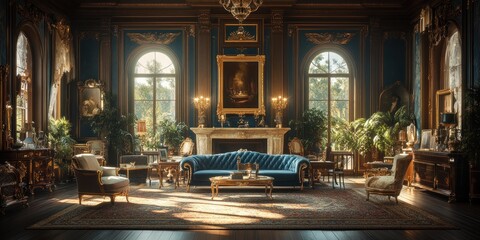 Fototapeta premium A grand living room with plush furniture, ornate decor, and large windows.