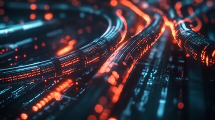 Futuristic cables glowing with binary code transmit data in a complex network, representing the power and speed of modern technology