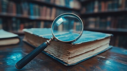 Magnifying glass on an antique book in a library.