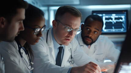 Obraz premium Medical professionals collaborating on medical device demonstration, showcasing teamwork and expertise in clinical setting. Their focused expressions highlight importance of innovation in healthcare