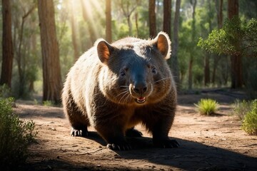 Fototapeta premium Wombat curiously exploring the forest floor in soft sunlight