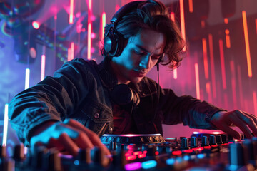 Young dj wearing headphones and using laptop at home