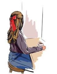 Black and white illustration of Young woman on the bicycle with flowers