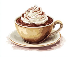 Delicious hot chocolate topped with whipped cream in a classic cup, perfect for cozy evenings and sweet treats.