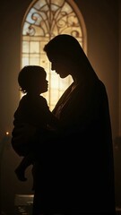 Virgin Mary Holding Baby Jesus in Her Arms with Adoration and Love, vertical orientation.