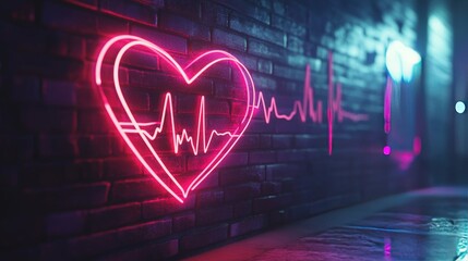 Glowing neon pink heartbeat line is forming a heart shape over a dark brick wall, representing love, health, and vital signs in a vibrant, electric setting