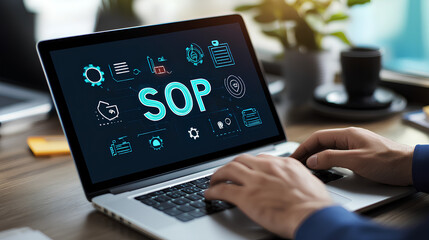 SOP, Standard operating procedure concept. Businessman use laptop with virtual SOP icons for the standard operating procedure with instruction, quality, process, operation, sequence, workflow