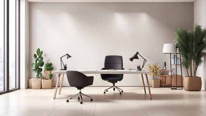 A light beige home office with a light wood desk, chair, and large blank framed art piece. Plants and lamps are visible.