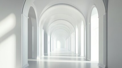 Naklejka premium A long, white arched hallway with light shining through the arches.