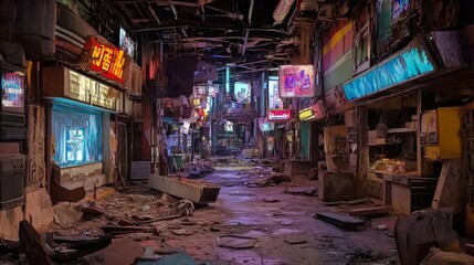 Obraz premium Dilapidated storefronts with broken windows and debris fill a deserted cyberpunk street, illuminated by glowing neon signs in the night