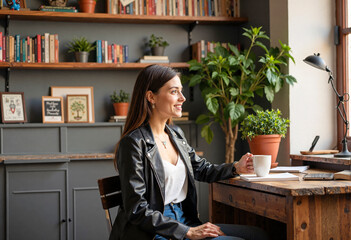 Enterprising woman enjoying a coffee break in her home office