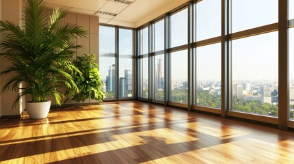 Fototapeta premium Bright office space with large windows, showcasing a stunning city view and green plants.