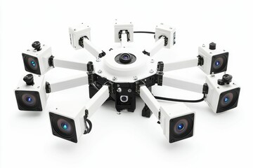White drone with eight cameras.