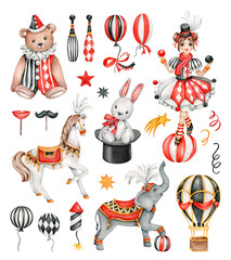 Vintage circus set:girl juggler,rabbit in hat,elephant,white horse,bear clown,balloons.Performance.Childish collection © Victoria