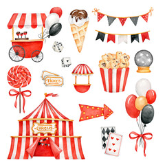 Circus set:food track,popcorn,sign,circus tent,balloons,candy,tickets,magic ball,ice cream,flag garland,cards,cubes.Amusement park.Watercolor hand drawn elements isolated on white