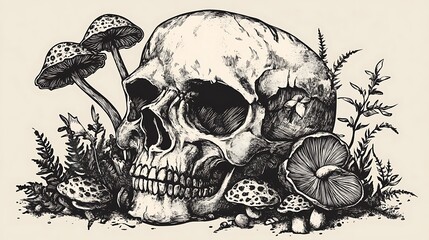 Skull with Mushrooms and Insects Illustration