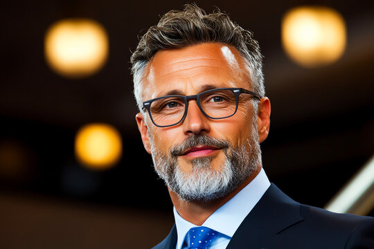 Mature Businessman Glasses Suit Successful Smile Modern Background Professional Portrait Stock Photo