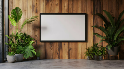 
Blank Digital Signage Screen Mockup with Wood Panel Wall and Plants