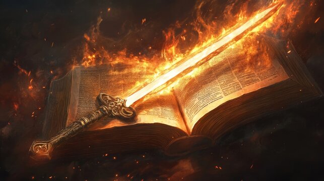 Powerful image depicting a flaming sword resting on an open book, possibly symbolizing divine power, justice, or the word of god, with flames and sparks adding a dramatic effect