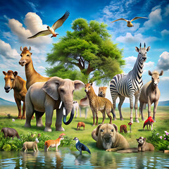 Fototapeta premium A vibrant scene with diverse animals coexisting peacefully in nature, displaying harmony among species